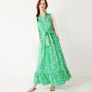 Draper James RSVP Green with Pink Flowers Linen Blend Maxi Dress S